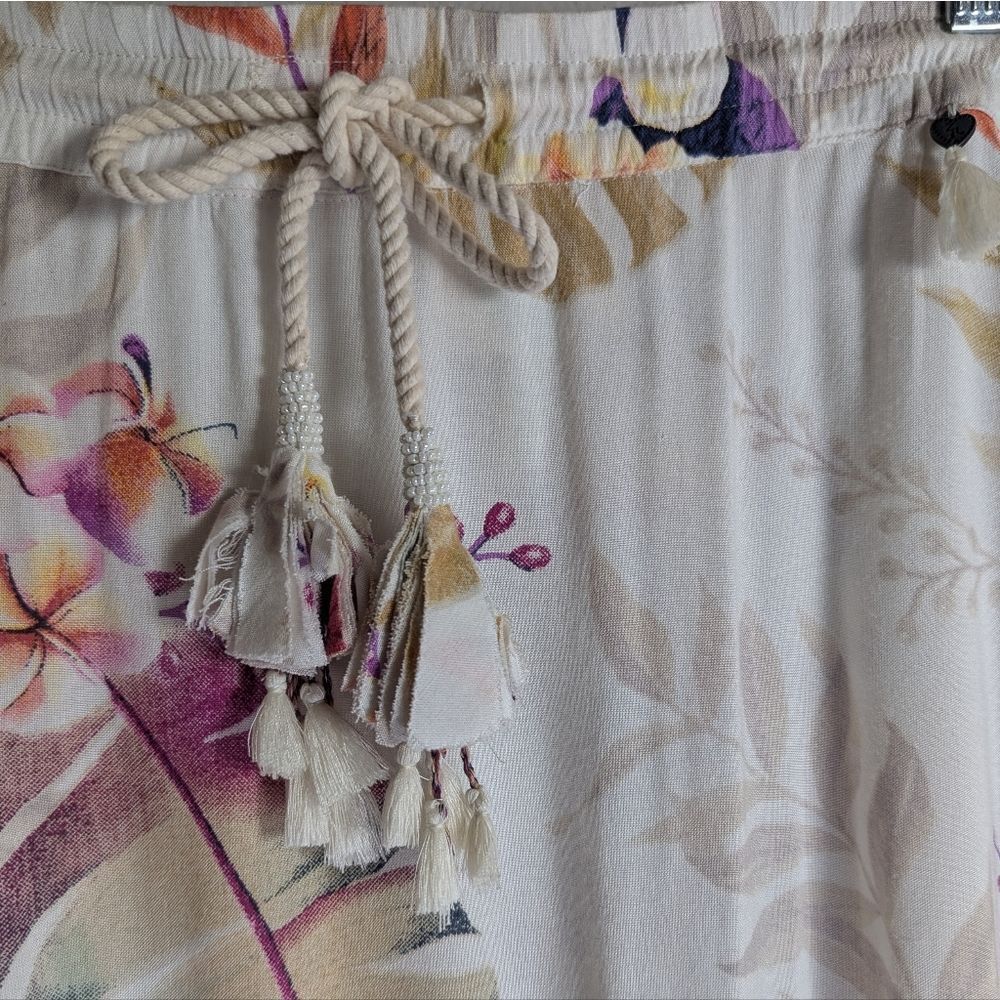 Z & L Cream Multi Tropical Leaf Floral Toucan Bird Tassel Hi-Lo Skirt Womens M - Picture 5 of 9
